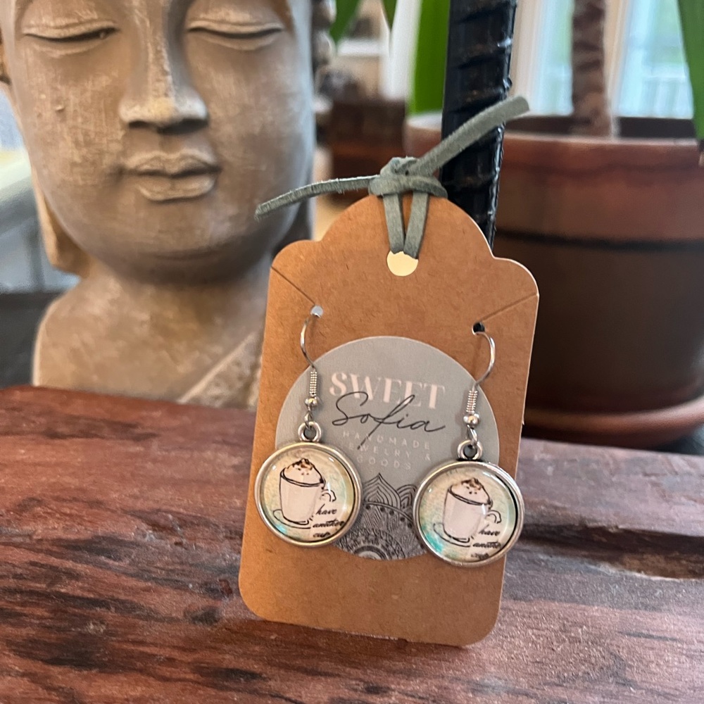 Handcrafted Cabochon silver alloy coffee image earrings!